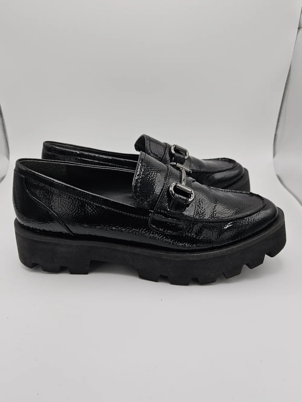Franco Sarto Bergamot black patent lug sole loafers size 8.5M